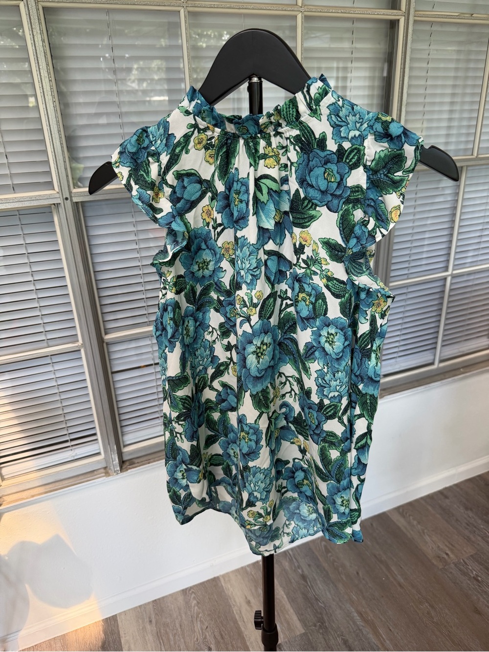 LOFT Teal & White Floral Ruffle-Sleeve Blouse
